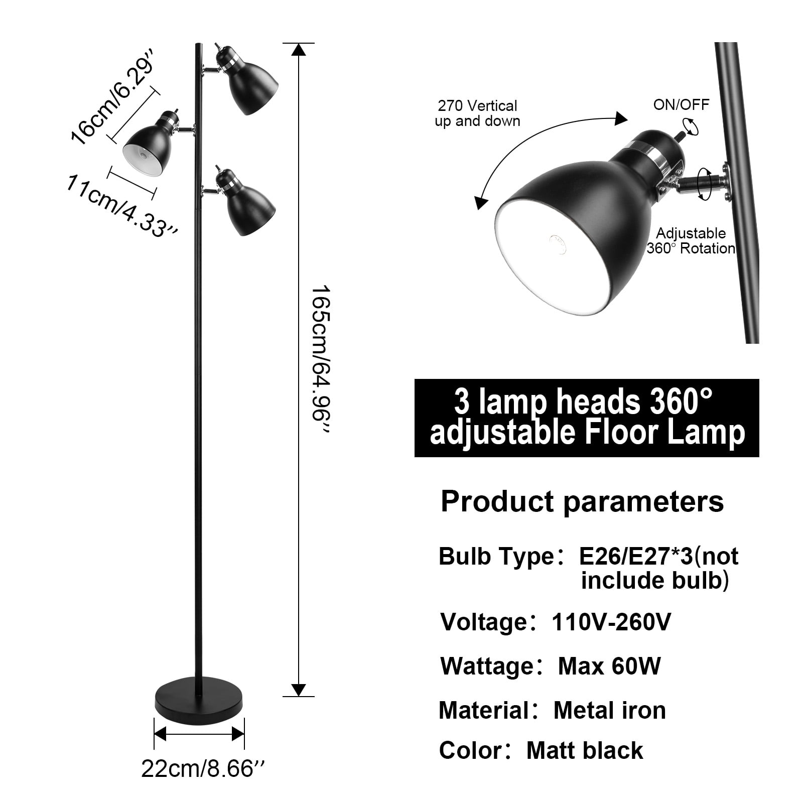 65" Black Metal Tree Floor Lamp Modern Standing Tall Pole with 3 Adjustable Rotating Lights Floor for Living Room Bedroom Offic(not include bulb)