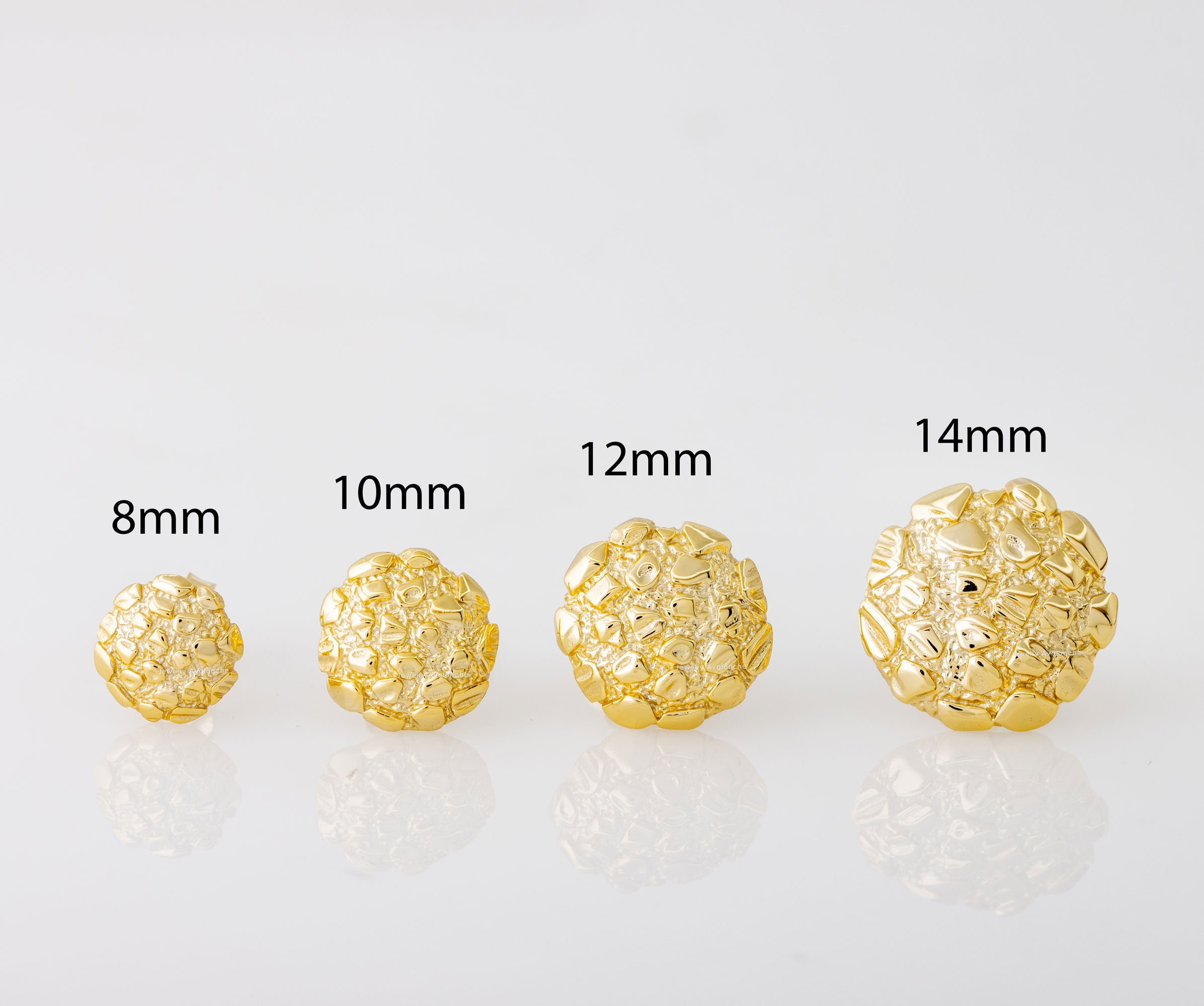 Nugget Stud Earrings - Yellow Gold Plated Sterling Silver Textured Chunky Studs - Hypoallergenic Minimalist Earrings for Men-Women 12mm