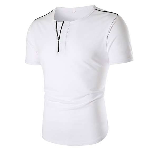 Men Solid Color Crew Neck Zipper Short Sleeve Tops Classic Basiclayer T-Shirt Pullover Blouses