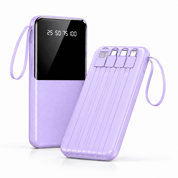 Portable Charger Built-in Cables, USB C Power Bank 10000mAh, Travel Battery Portable Phone Charger Compact Lightweight External Battery Pack for Smart Phones,Purple