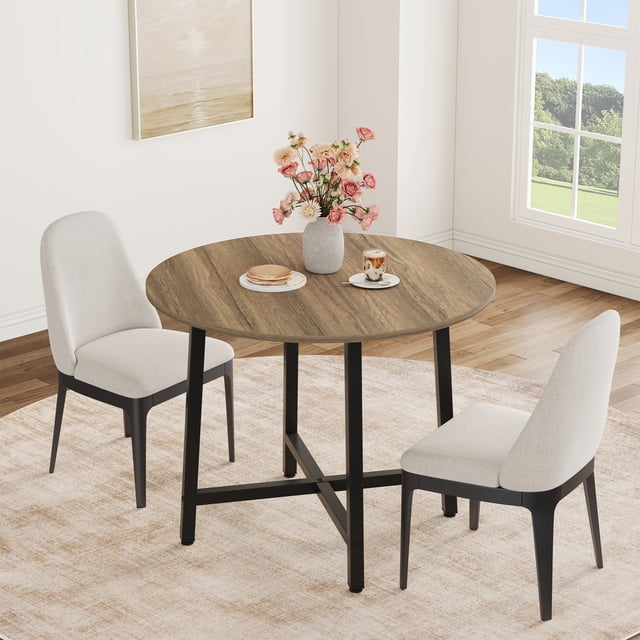 31.5" Round Dining Table Seats 2-4, Wood Top Metal Frame, Space Saving Kitchen Table, Chairs Not Included