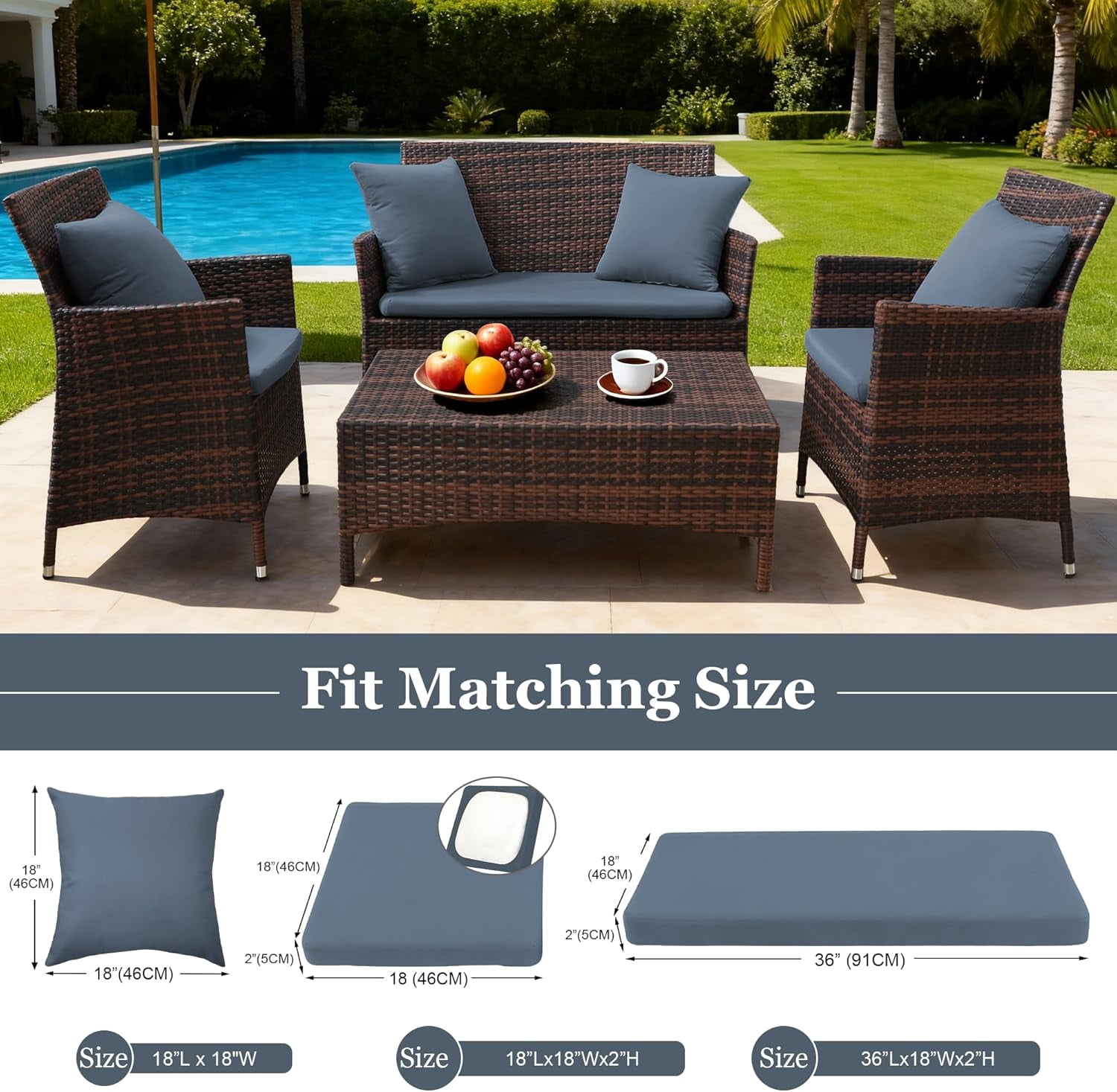 Waterproof 3-Piece Patio Sofa Cushion Cover Set - Replacement Covers for Outdoor Wicker Furniture, Bench & Seat Cushions with 4pcs Throw Pillow Cover