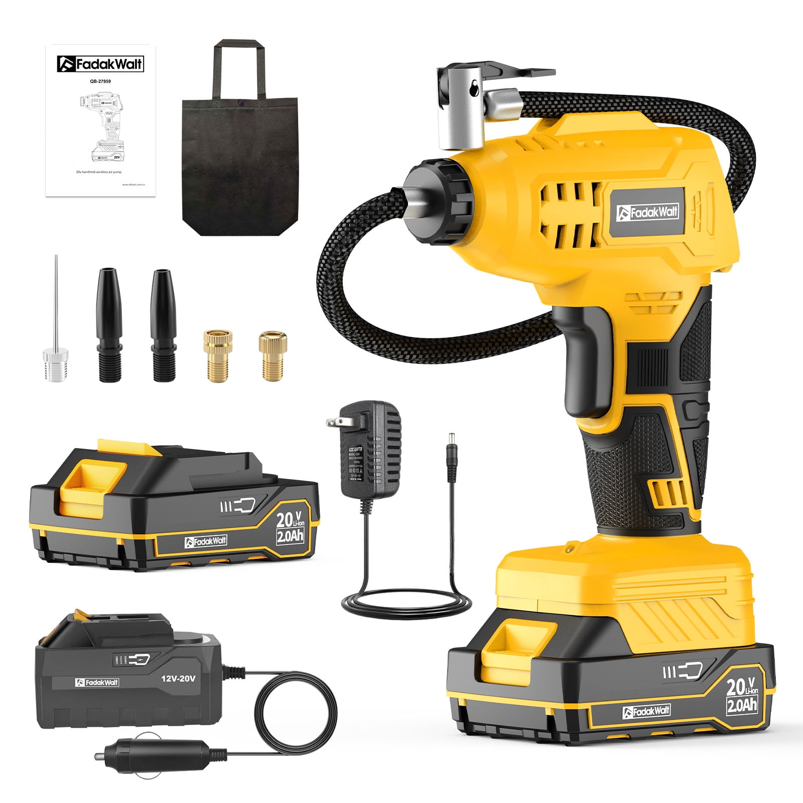 FADAKWALT Tire Inflator Portable Air Compressor, 20V Cordless Car Tire Pump, 160PSI Handheld Electric Air Pump with Rechargeable Battery, Auto Shutoff & Digital Gauge for Cars & Motorcycles(Yellow）