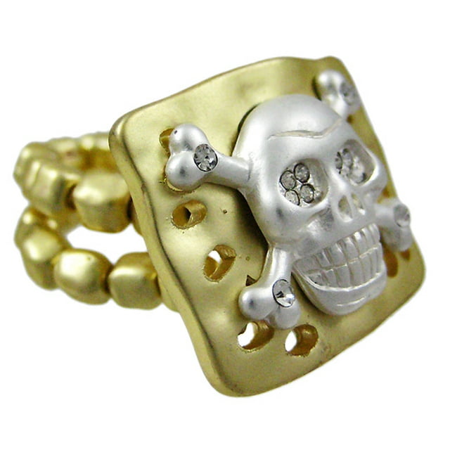 Rhinestone Skull & Crossbones Goldtone Stretch Ring Halloween