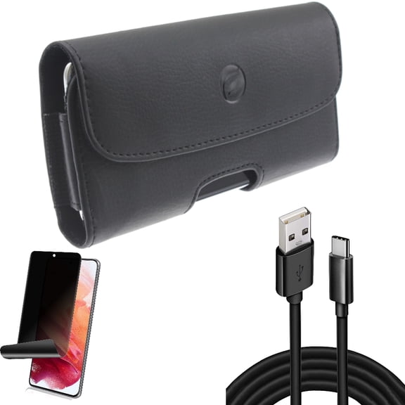 10ft USB Cable w Privacy Screen Protector w Case Belt Clip for Samsung Galaxy S21 Plus - Type-C Charger Cord, TPU Film Fingerprint Works, Leather Holster Accessory Bundle