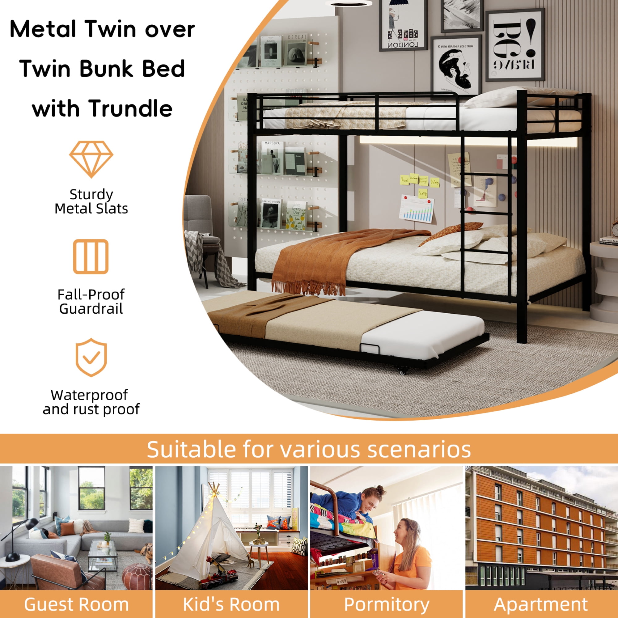 Queen over Queen Bunk Bed with Trundle, Heavy-Duty Metal Bunk Bedframe with Ladder and Full-Length Guardrails for Kids Teens Adults, No Box Spring Needed