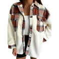thumbnail image 1 of Women's Fleece Plaid Shacket Jacket Lapel Button Short Pocketed Shirts Coats Winter Warm Sherpa Jacket, 1 of 7