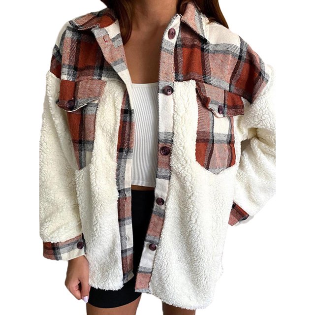 Women's Fleece Plaid Shacket Jacket Lapel Button Short Pocketed Shirts Coats Winter Warm Sherpa Jacket