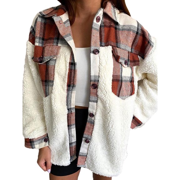 Sunisery Women Fuzzy Sherpa Fleece Jacket Button Collar Plaid Plush Patchwork Shirt Tops Coat with Pockets