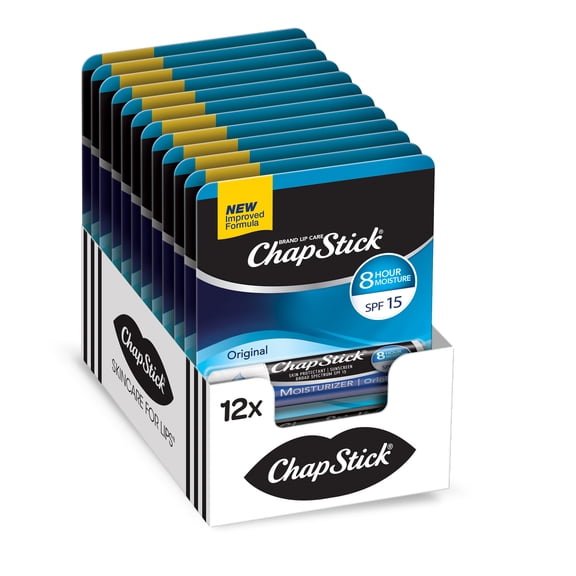 ChapStick Moisturizer (Original Flavor, 0.15 Ounce) Lip Balm Tube, Skin Protectant, Lip Care, SPF 15, (1 Tray, 12 Blister Cards)