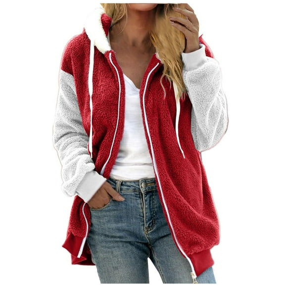 LMKIHUSA Thick Jackets for Women Fuzzy Hoodies Zip Up Coats Fleece Color Block Patchwork Cardigan Warm Coats Outerwear with Pockets Red,XXXXL