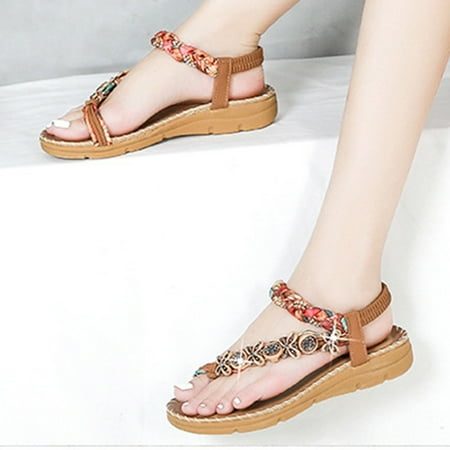 

HIBRO Women Fashion Crystal Wedges Solid Outdoor Elastic Band Sandals Casual Shoes