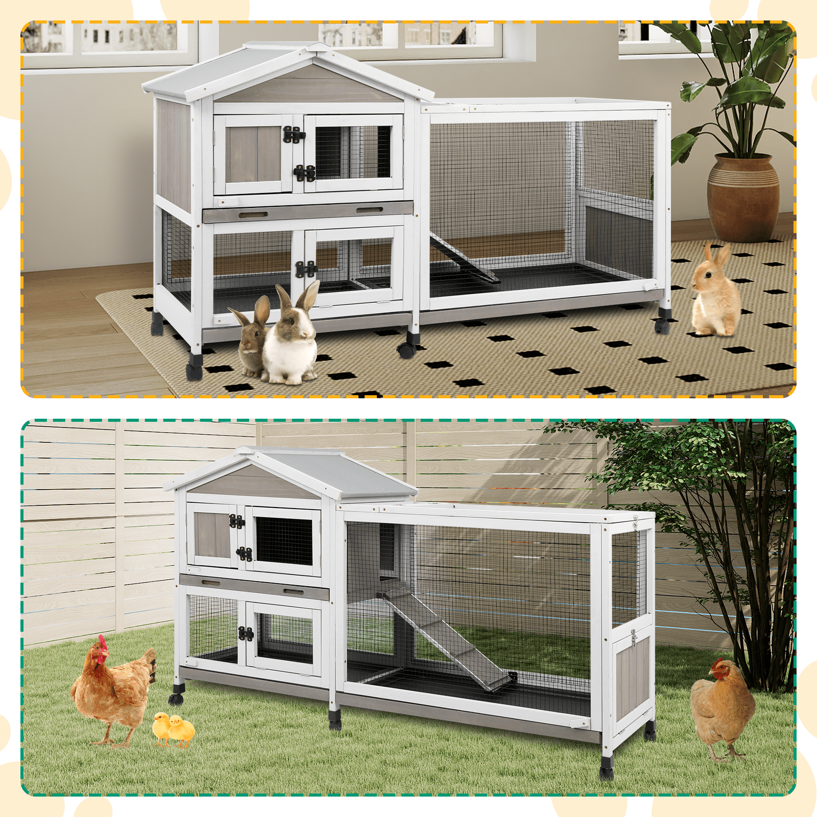 PETSCOSSET Small Animal Hutch, Indoor Outdoor Safe &Durable All-Climate Rabbit Hutch, Fir Wood Cage with Wheels
