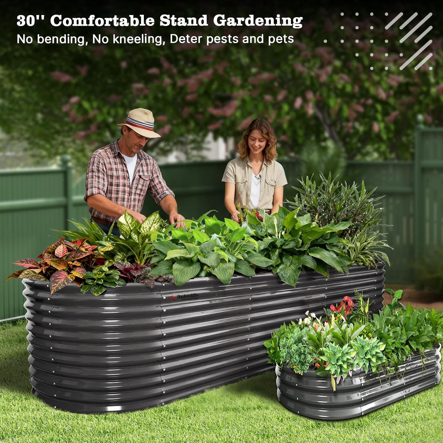 A ANLEOLIFE 30" Extra Tall Galvanized Raised Garden Beds Outdoor, 10x3x2.5ft Large Oval Metal Planter Boxes for Planting Vegetables, Flowers, Fruits, Eco-Safe & Easy Setup, Quartz Grey
