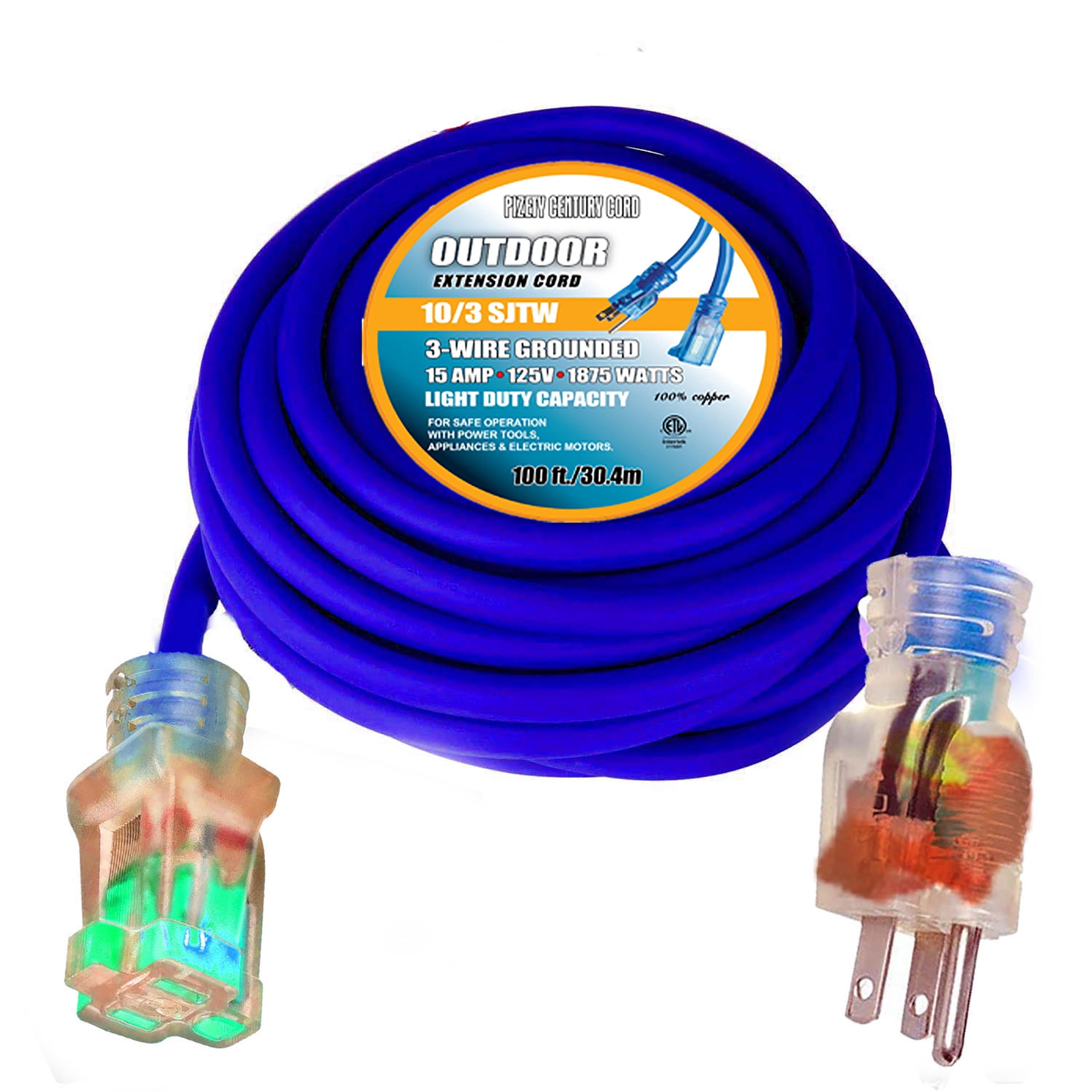 pizety 100 ft 10-Gauge Grounded 15-Amp Outdoor Extension Cord 100 ft Contractor Grade 10 Gauge 100 ft Power Extension Cord 10/3 Plug 1875 watts 100 ft Yellow Extension Cord 10/3 Gauge