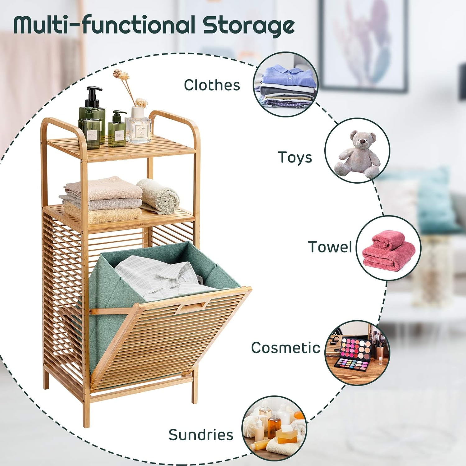 Favory Laundry Hamper Tilt-Out Laundry Linen Hamper Bamboo Freestanding Clothes Basket W/Shelf & Removable Liner, Storage Laundry Shelf for Bathroom Living Room Bedroom, Natural