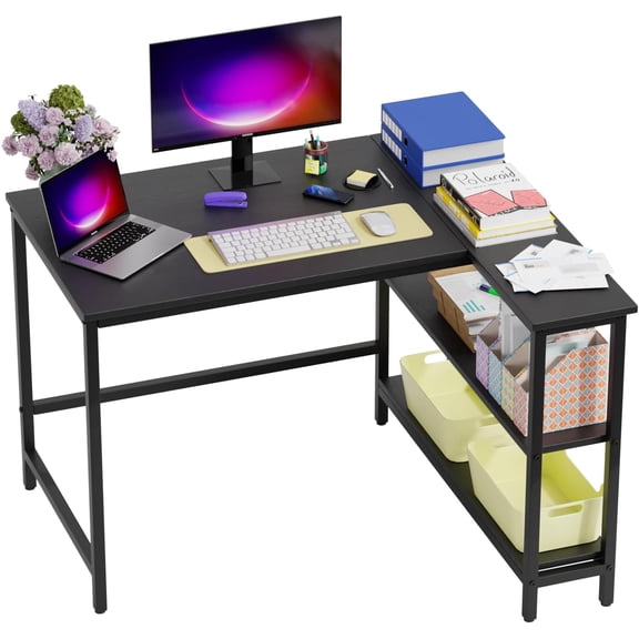 FDW Bureau de Jeu en L 43 Pouces Bureaux d'Angle, Étagères Latérales de Rangement Réversibles Cadre en Métal Table de Travail PC pour Maison Bureau Dortoir Écriture Robuste, Noir
