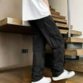 thumbnail image 3 of Men's Cargo Casual Solid Color Zipper Pockets Elastic Waist Full Length Pants Black, 3 of 6