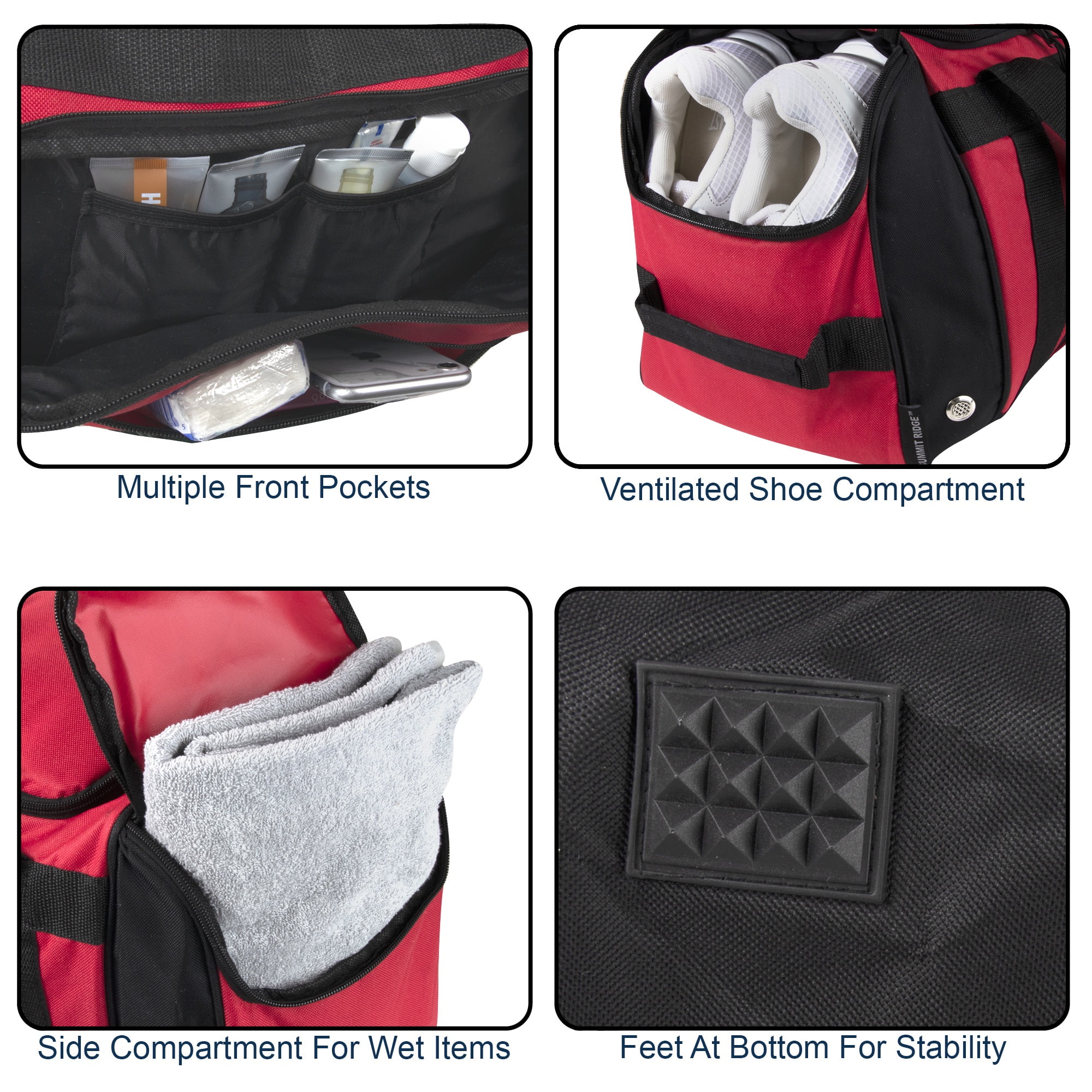 Summit Ridge 24"L Duffel Bag 42 Liter Capacity for Gym Clothes, Sports Equipment, Towels, Sneakers, Travel, Commute in Red