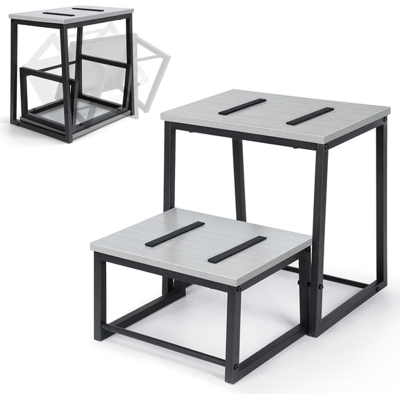 2 Step Stool for Adults Heavy Duty Bed Side Step Stools for High Beds Wooden RV Stepping Stool Metal Frame with Non-Slip Pads for Kitchen Bedroom Bathroom Load 500LB, Grey