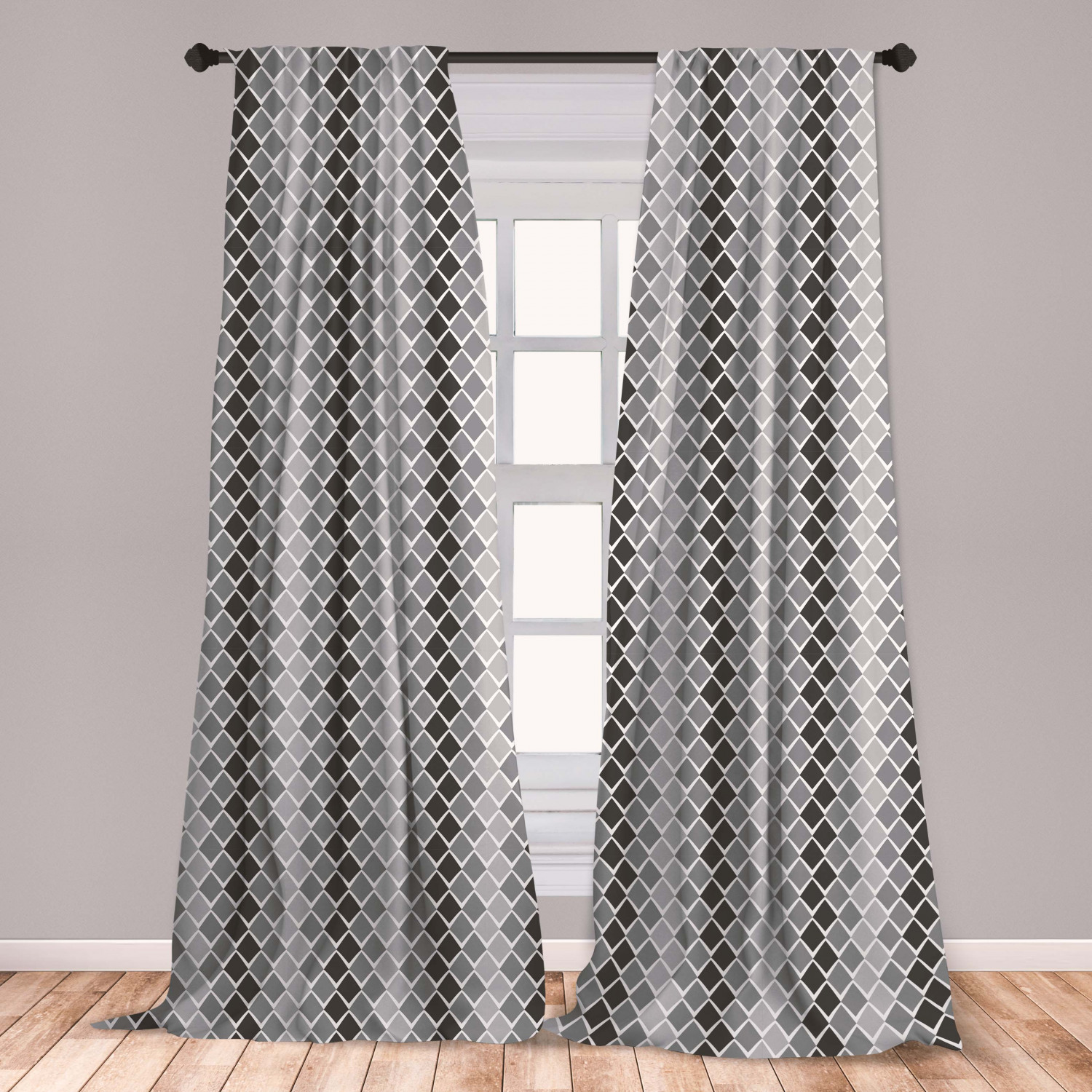 Grey and White Curtains 2 Panels Set, Uneven Geometrical Shapes with