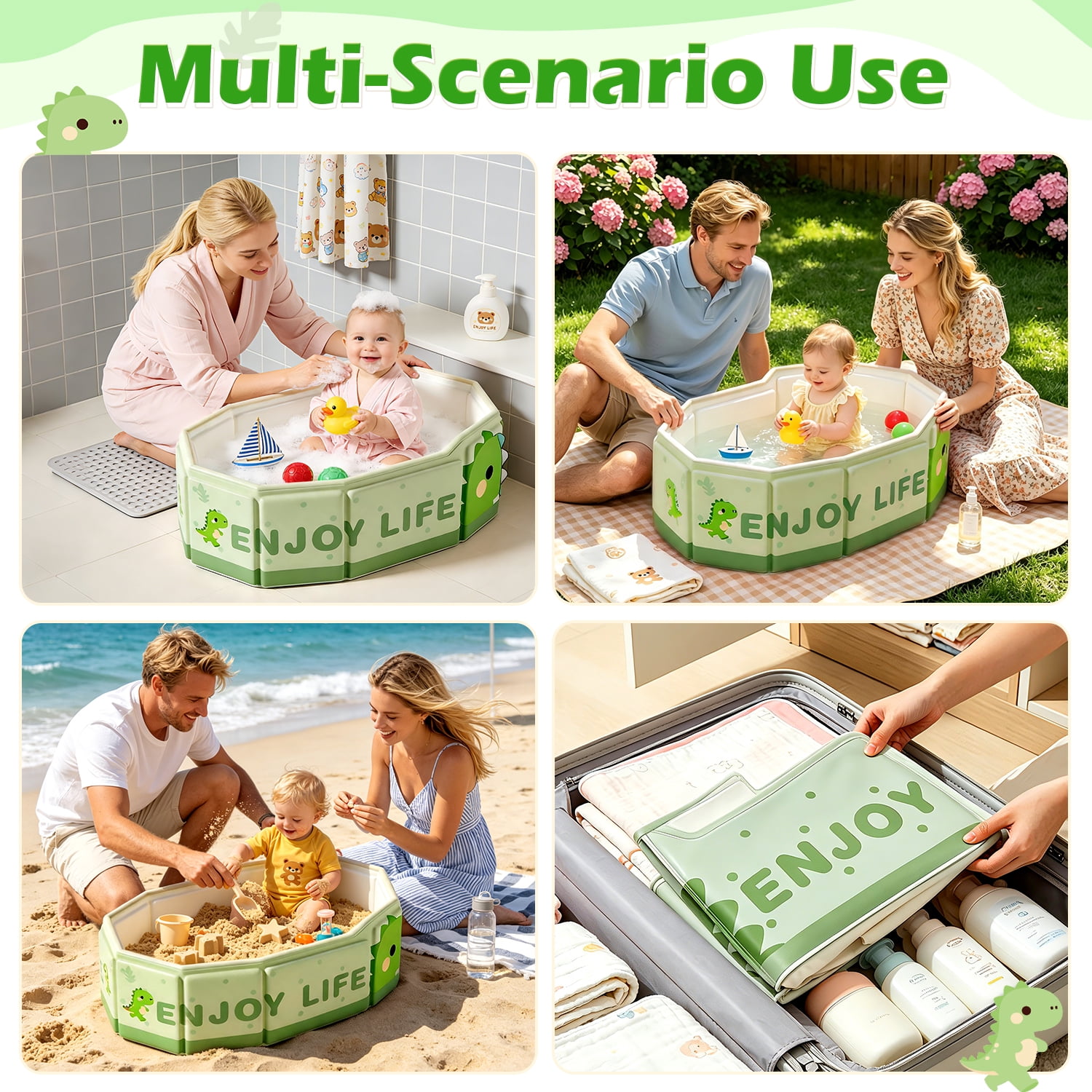 Wonderstone Portable Foldable Bathtub, Collapsible Baby Shower Tub with Drainage Design, Beach Vacation Travel Essentials for 1-3 Kids Toddler (Green)
