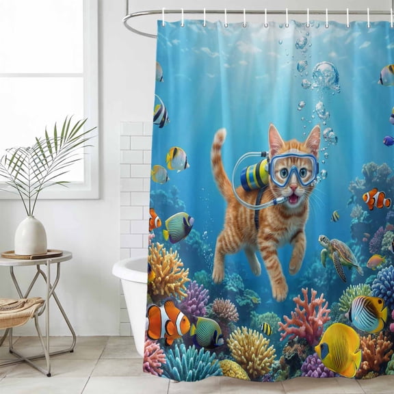 Ocean Diving Cat Small Stall Shower Curtain, Waterproof Shower Curtains for Bathroom, Coastal Coral Fish Marine Life Washable Fabric Cloth Bath Curtain for Bathtub Decoration with Hooks 36x72 Inches