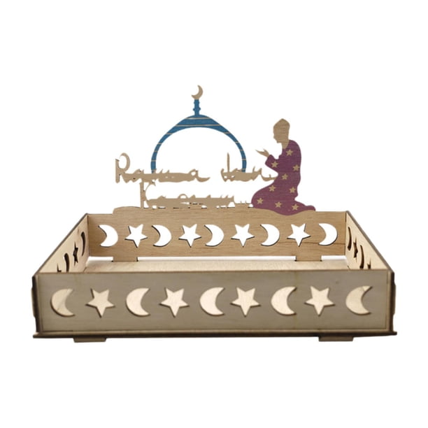Bandeja de luna y estrella para Ramadán, soporte único para exhibición de pasteles, bandeja de madera para servir alimentos. F