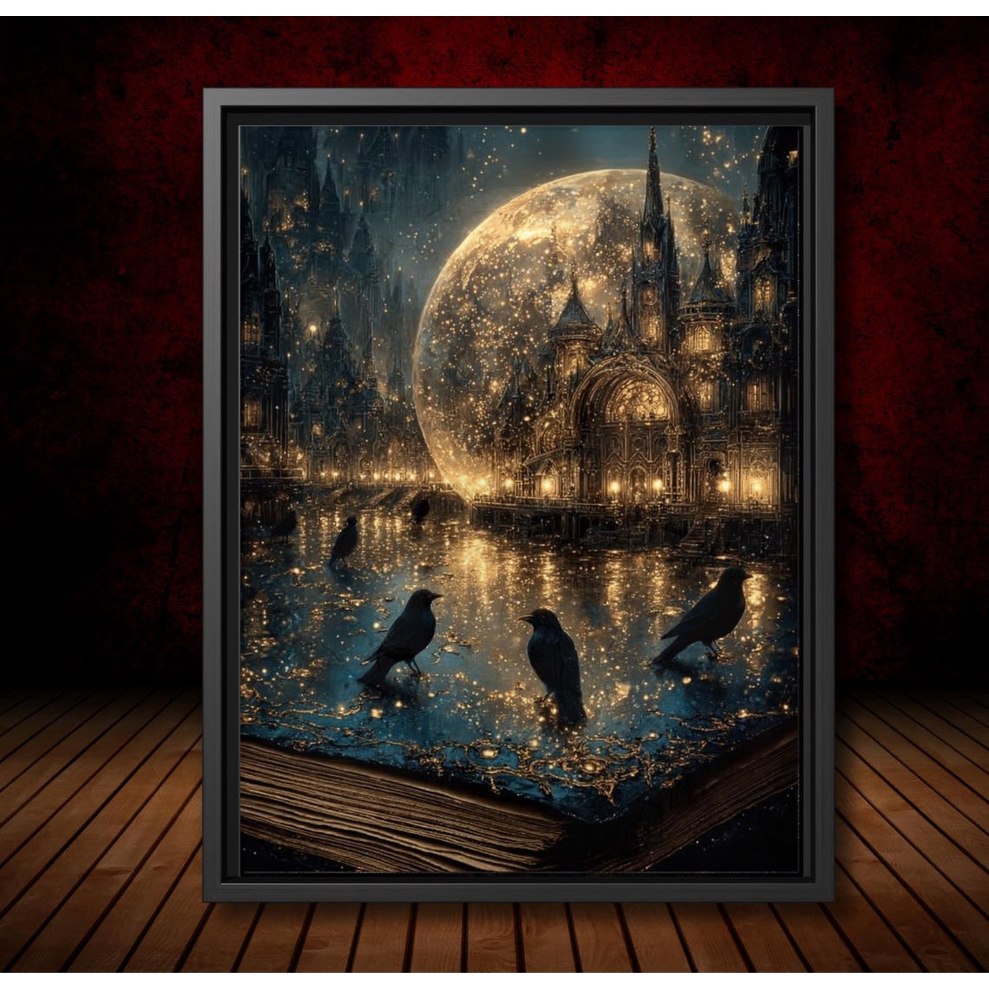 Magical Storybook Moonlit Fantasy Raven Scene Gothic Cathedral Under Full Moon Enchanted Night Illustration Poster Home And Bedroom Decor