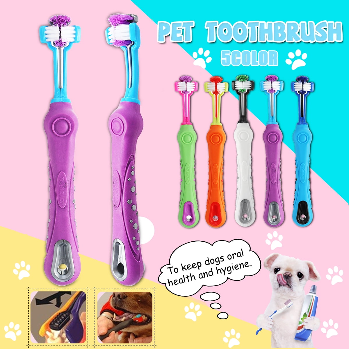 3 Sided Pet Dog Cat Health Cleaning Teeth Care Toothbrush Toothpaste