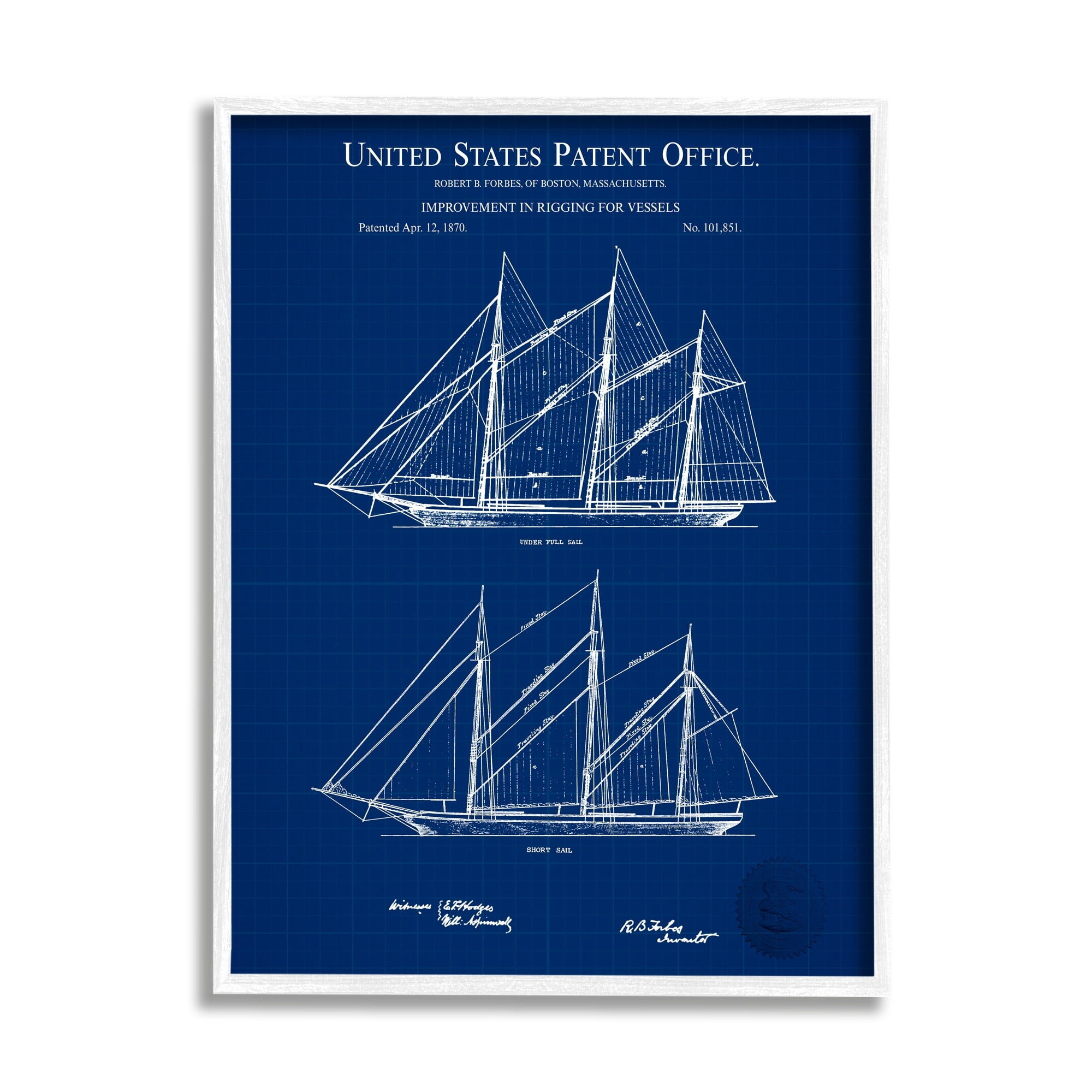Stupell Industries Blue Ship Boat Diagram Detailed Blueprint Patent Design Framed Wall Art, 16 x 20, Design by Karl Hronek