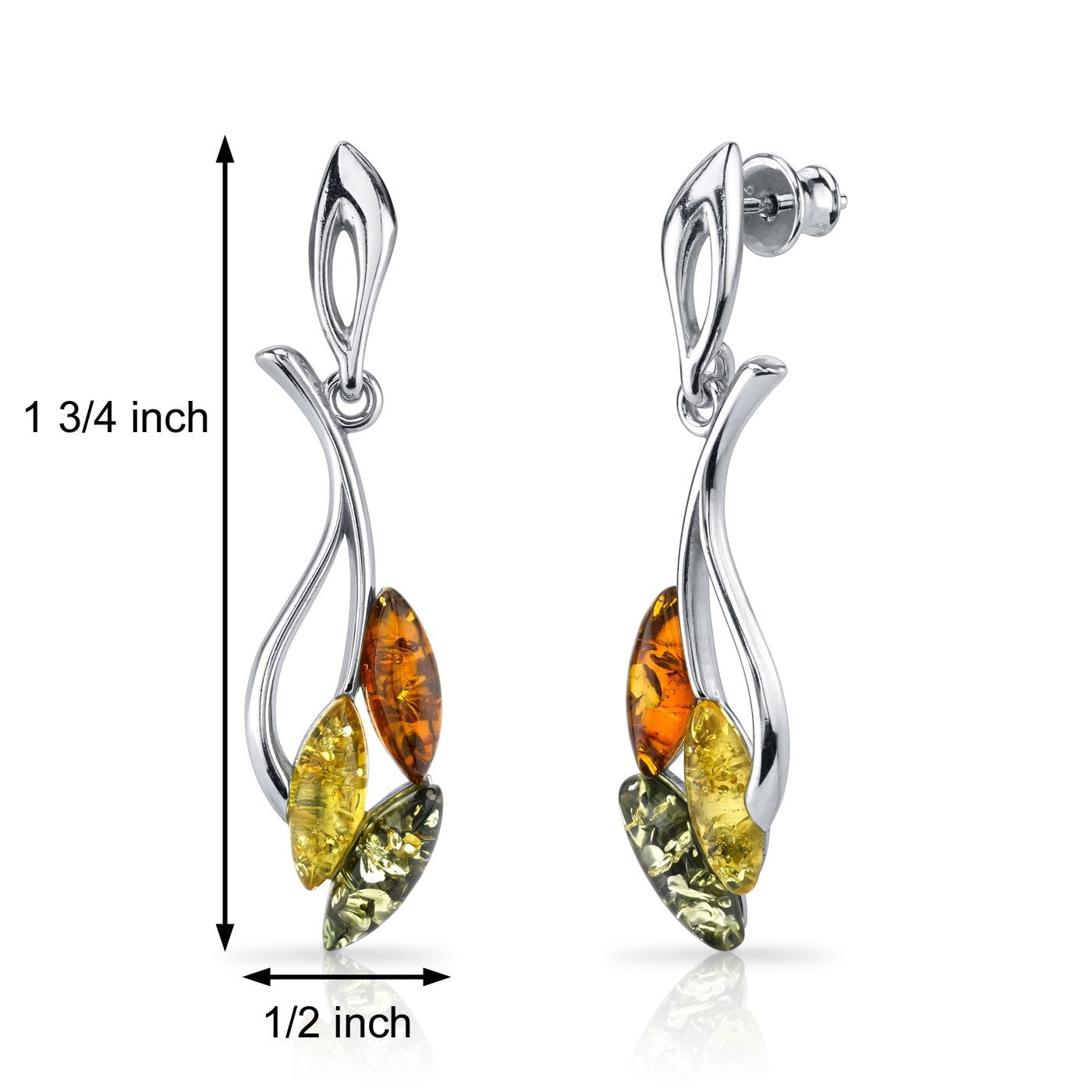 Peora Genuine Baltic Amber Leaf Dangle Earrings for Women 925 Sterling Silver, Rich Multiple Colors, Friction Backs