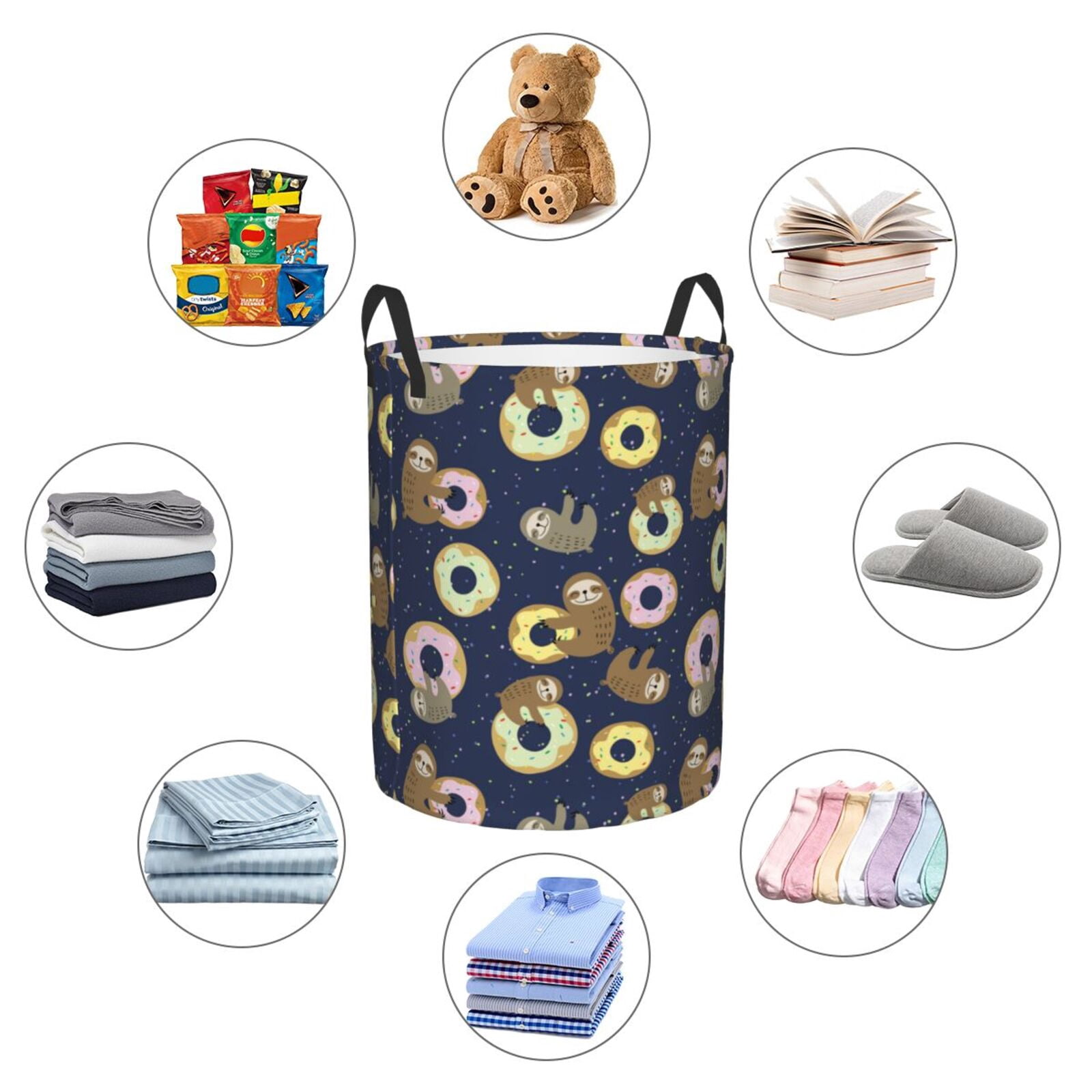 Large Laundry Basket with Handles - Donut Sloth Print Kids Baby Dirty Clothes Laundry Hamper for Bedroom Aesthetic