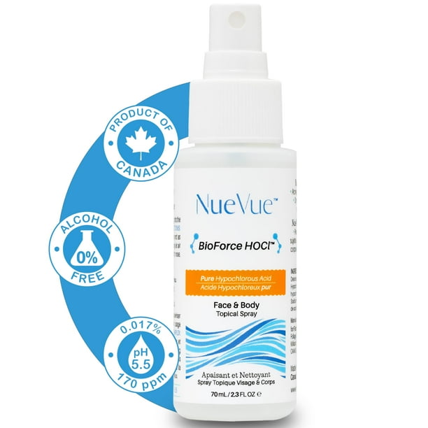 BioForce HOCl - Spray de ácido hipocloroso puro para tónico y limpiador facial tamaño viaje - Hecho en Canadá - Piel propensa al acné y eczema Cuidado posterior para piercing pH equilibrado No comedog
