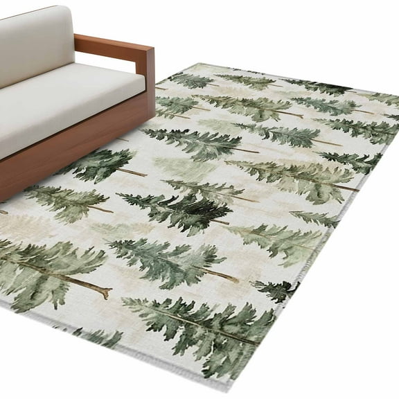 Green Christmas Tree Area Rug 3x5 FT, Non Slip Entryway Bedside Carpet, Watercolor Xmas Tree Rustic Washable Soft Floor Carpet Indoor Mat Non-Shedding Throw Rug for Dorm Kitchen Home Office