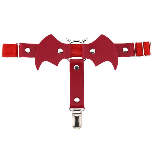 góticas de material cuero con alas de murciélago para mujer, arnés, cinturón con clip de metal rojo