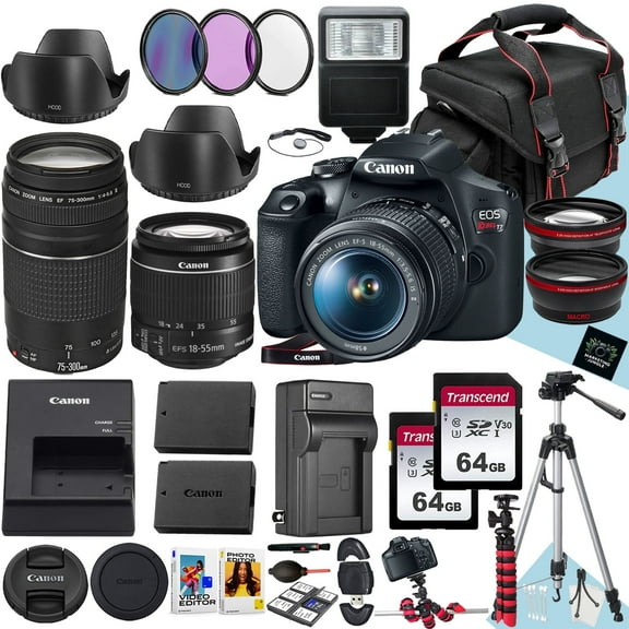 Canon EOS Rebel T7 DSLR Camera With Canon EF-S 18-55mm f/3.5-5.6 IS II And EF 75-300mm f/4-5.6 III Lens   128 GB Memory   Extra Battery   Tripod   More (33pc Bundle) (International Version)