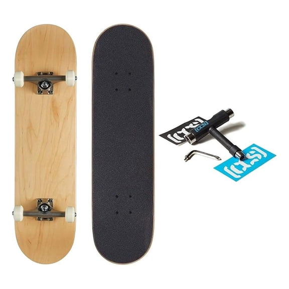 Blank Skateboard Complete | Plain Natural Maple Wood | Professional Grade | Fully Assembled with Skate Tool & Stickers | Adults, Kids, Teens, Youth | Boys & Girls