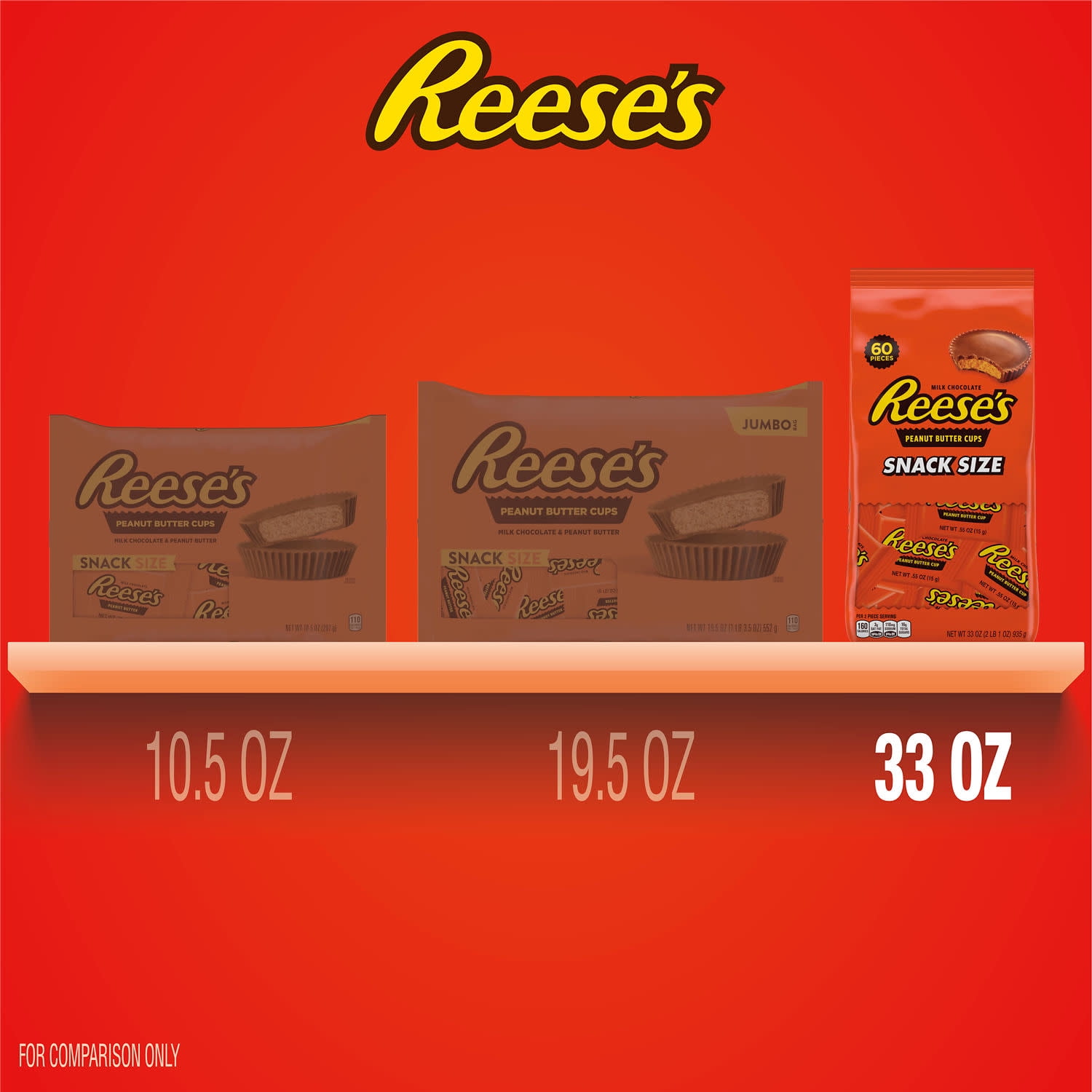 Reese's Milk Chocolate Snack Size Peanut Butter Cups Candy, Bag 33 oz, 60 Pieces
