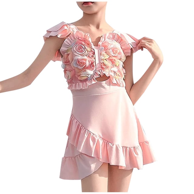Swim Dress for Girls With UPF 50+ and Detachable Briefs, Short Sleeve Floral Print Rash Guard Swimsuit for Sun Protection and Modesty