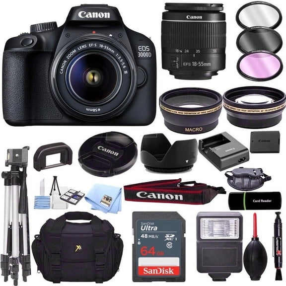 Canon EOS 3000D DSLR Camera with EF-S 18-55mm f/3.5-5.6 Lens & Deluxe Accessory Bundle  Includes: 2x SanDisk Ultra 64GB SDHC Memory Card, Extended Life Battery, Carrying Case & MORE