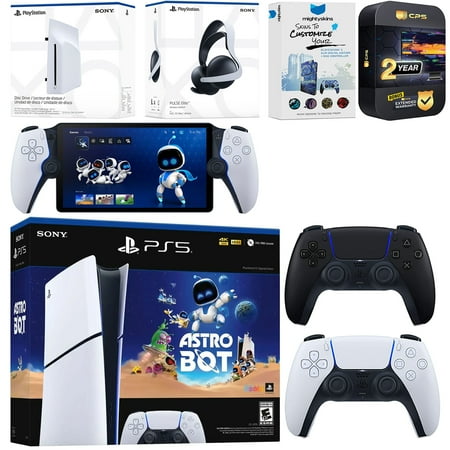 Sony PlayStation 5 Astro Bot Slim Digital Bundle with Disc Drive, Pulse Elite Headset, Extra Controller, PlayStation Portal, MightySkins Voucher and 2 Year Extended Warranty - Midnight Black
