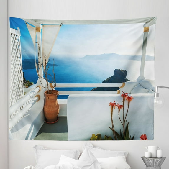 Greek Tapestry, Holiday Terrace with Sea at Sunset Architecture on Santorini Island Greece, Fabric Wall Hanging Decor for Bedroom Living Room Dorm, 5 Sizes, Turquoise and Blue, by Ambesonne