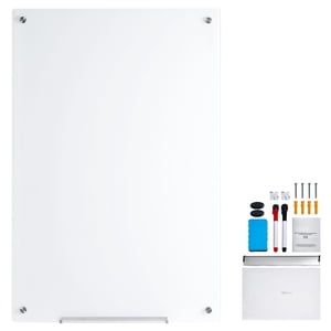 KFFKFF Tableau blanc en verre avec propriétés magnétiques, tableau d'effacement sec de 48"x32", grand tableau blanc sans cadre pour montage mural, livré avec un bac pour les marqueurs, une effaceur de tableau blanc et une paire de marqueurs