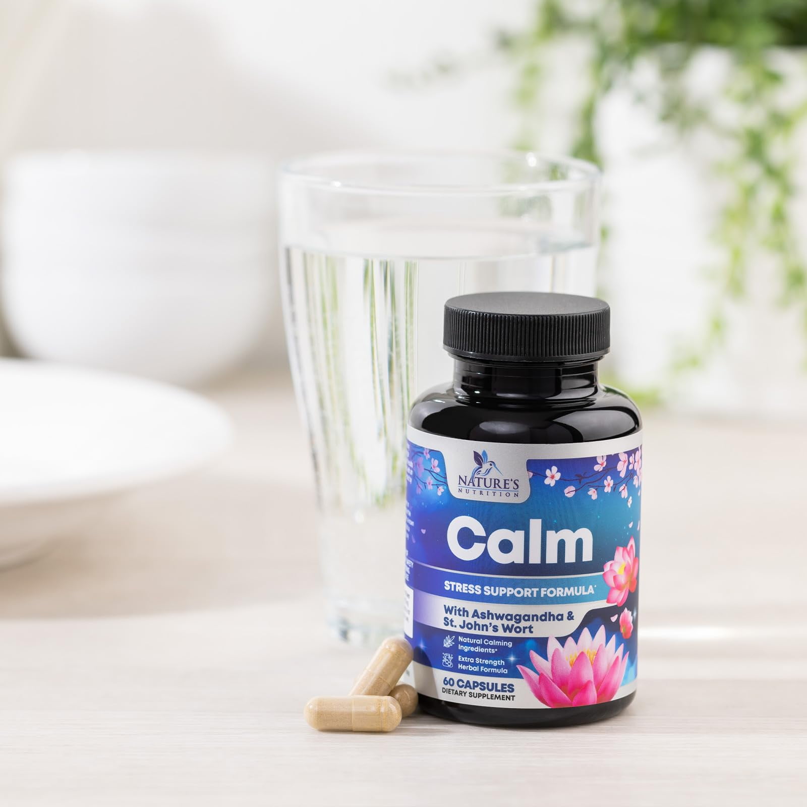 Natural Calm, Unwind & Relax Support - Ashwagandha, GABA, Magnesium, L-Theanine & More - Natural Focus, Energy & Immune Support - Nature's Non-GMO, Vegan, Gluten Free, Bottled in USA - 120 Capsules