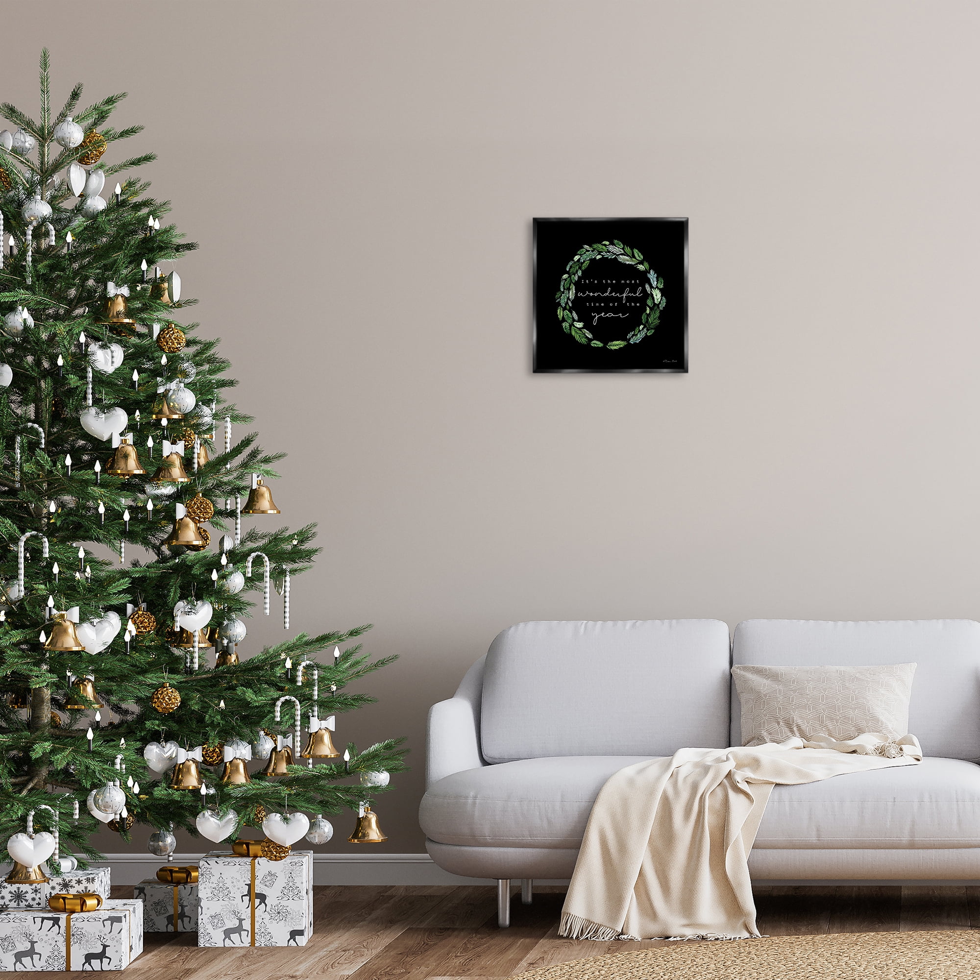 Stupell Industries Minimal Holiday Wreath Holiday Painting Black Floater Framed Canvas Art Prints Wall Art, 18 x 18