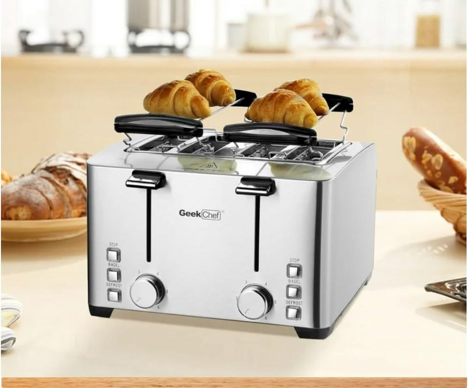 1500W Toaster 4Slice 4-Slot Bagel Croissant Waffles Donuts Defrost with Warming Rack Stainless Steel GTS4C