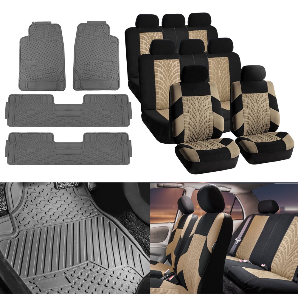 FH Group 3Row 8 Seats SUV Beige Seat Covers w/ Gray Floor Mats For SUV