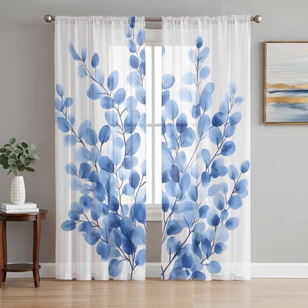 Blue Leaves Sheer Curtains 84 Inch Length 2 Panels Set Spring Pastoral Leaf Botanical Garden Voile Window Treatment Rod Pocket Curtains Sheers Drapes for Bedroom/Living Room/Kitchen 52 x84 x2