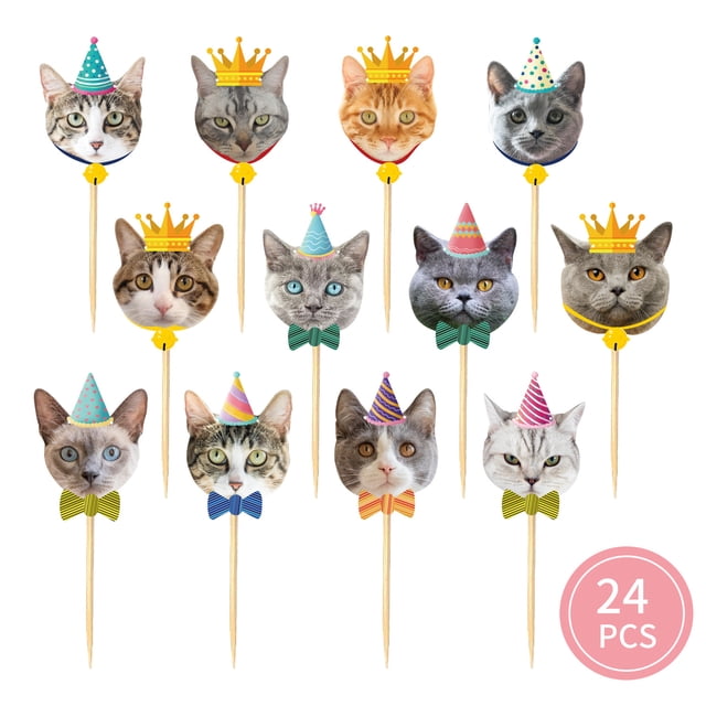 Decoración de fiesta con temática de mascotas, adornos para tartas de gatos, adornos de cumpleaños, adornos con forma de cara de gato, adornos con forma de bandera